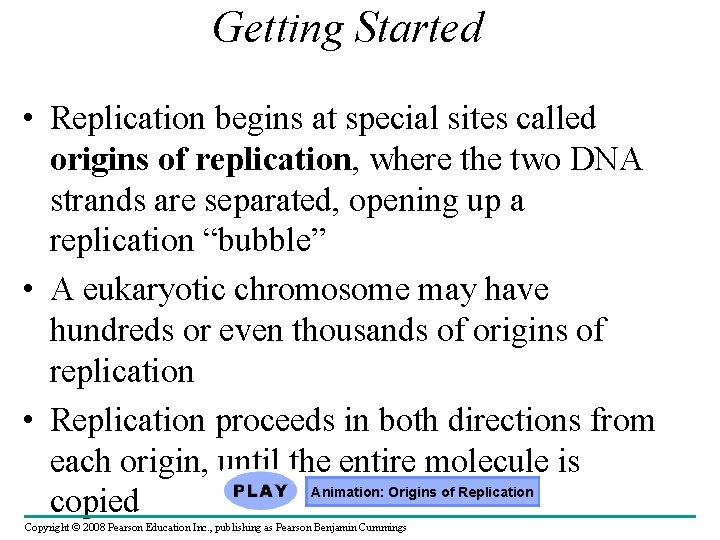 Getting Started • Replication begins at special sites called origins of replication, where the