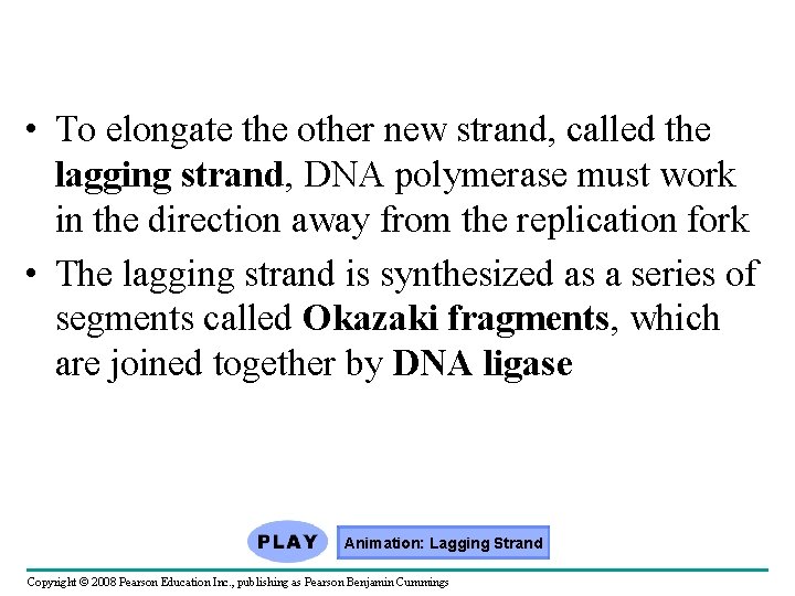  • To elongate the other new strand, called the lagging strand, DNA polymerase