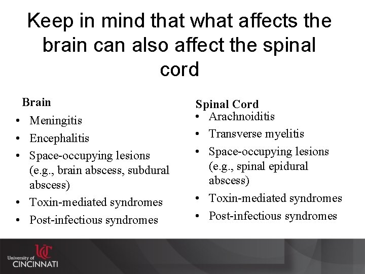 Keep in mind that what affects the brain can also affect the spinal cord