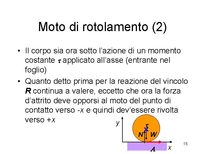 Moto di rotolamento (2) • Il corpo sia ora sotto l’azione di un momento