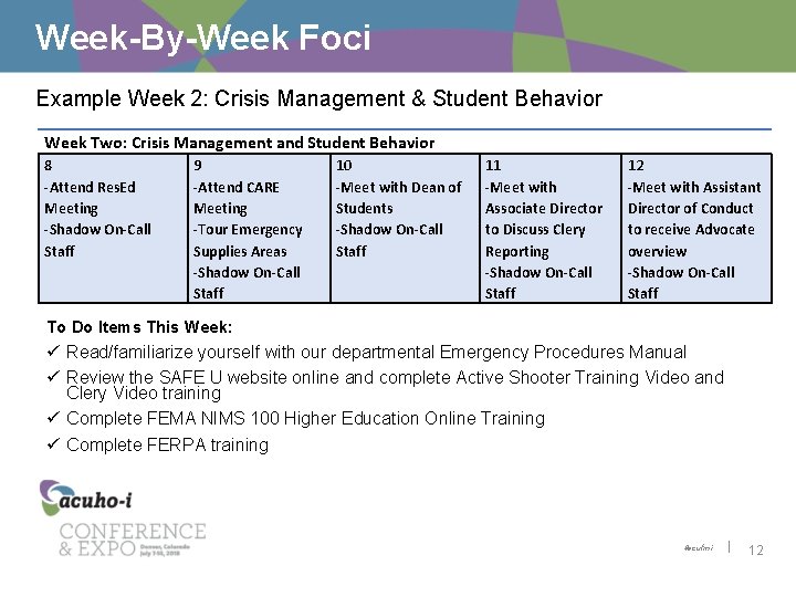 Week-By-Week Foci Example Week 2: Crisis Management & Student Behavior Week Two: Crisis Management