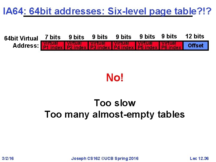 IA 64: 64 bit addresses: Six-level page table? !? 64 bit Virtual Address: 7