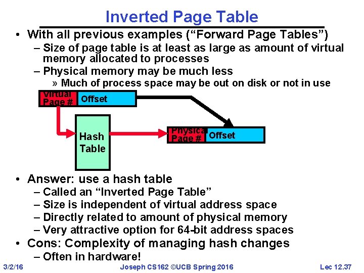 Inverted Page Table • With all previous examples (“Forward Page Tables”) – Size of