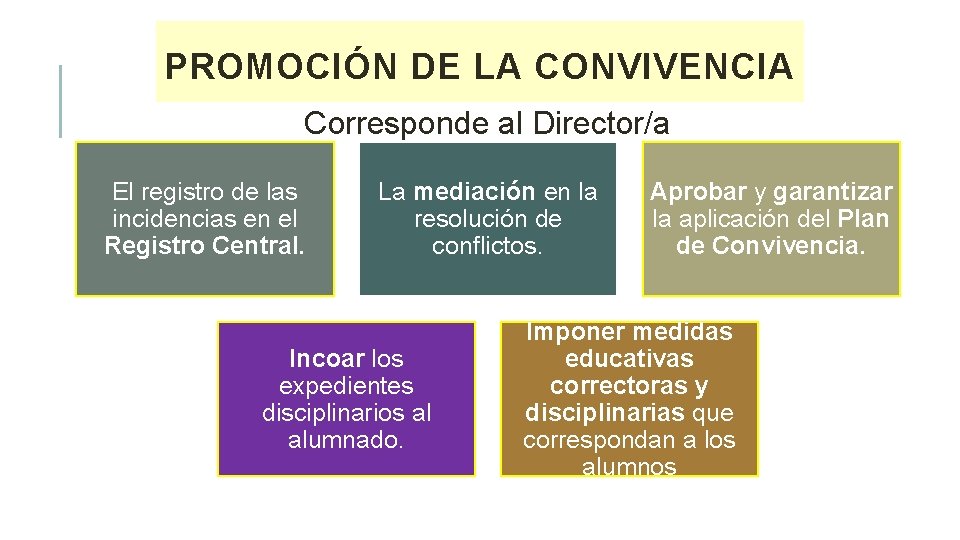 PROMOCIÓN DE LA CONVIVENCIA Corresponde al Director/a El registro de las incidencias en el