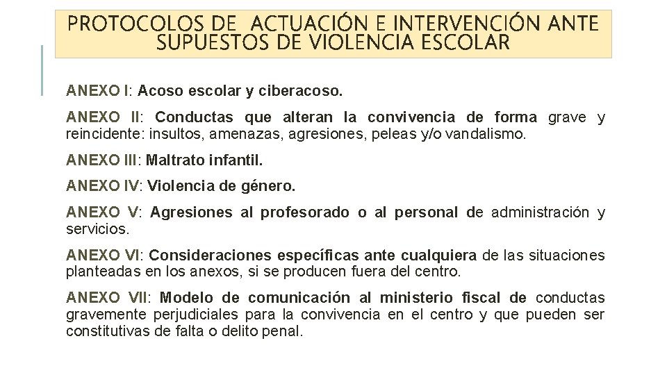 PROTOCOLOS DE ACTUACIÓN E INTERVENCIÓN ANTE SUPUESTOS DE VIOLENCIA ESCOLAR ANEXO I: Acoso escolar