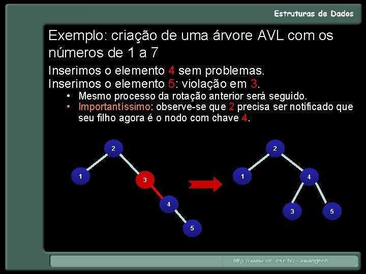 Exemplo: criação de uma árvore AVL com os números de 1 a 7 Inserimos