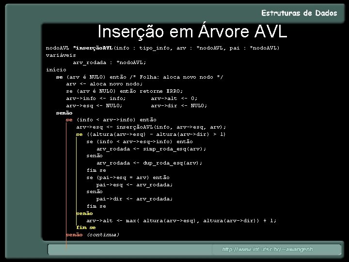 Inserção em Árvore AVL nodo. AVL *inserção. AVL(info : tipo_info, arv : *nodo. AVL,