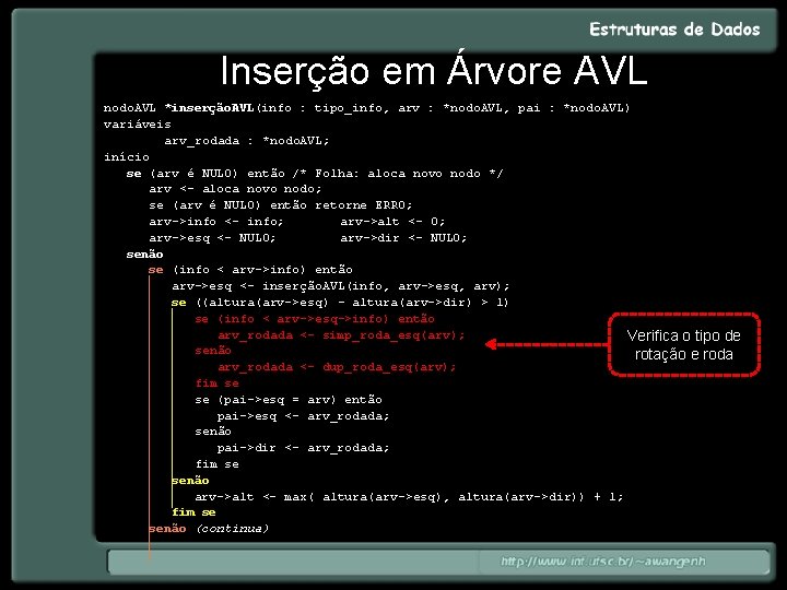 Inserção em Árvore AVL nodo. AVL *inserção. AVL(info : tipo_info, arv : *nodo. AVL,