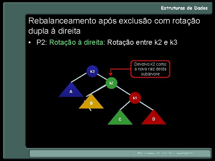 Rebalanceamento após exclusão com rotação dupla à direita • P 2: Rotação à direita: