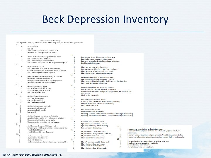 Beck Depression Inventory Beck AT et al. Arch Gen Psychiatry. 1961; 4: 561 -71.