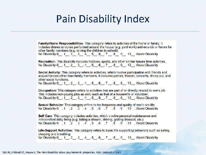 Pain Disability Index Tait RC, Chibnall JT, Krause S. The Pain Disability Index: psychometric
