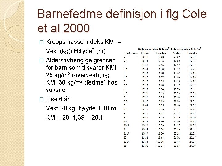 Barnefedme definisjon i flg Cole et al 2000 � Kroppsmasse indeks KMI = Vekt