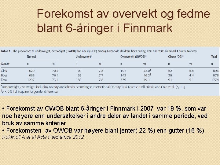 Forekomst av overvekt og fedme blant 6 -åringer i Finnmark • Forekomst av OWOB