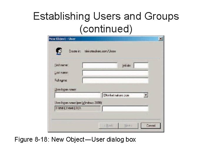 Establishing Users and Groups (continued) Figure 8 -18: New Object―User dialog box 