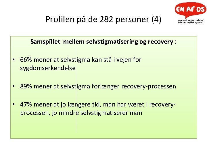 Profilen på de 282 personer (4) Samspillet mellem selvstigmatisering og recovery : • 66%