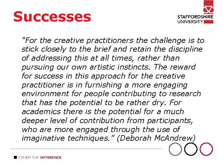 Successes “For the creative practitioners the challenge is to stick closely to the brief