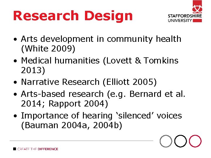 Research Design • Arts development in community health (White 2009) • Medical humanities (Lovett