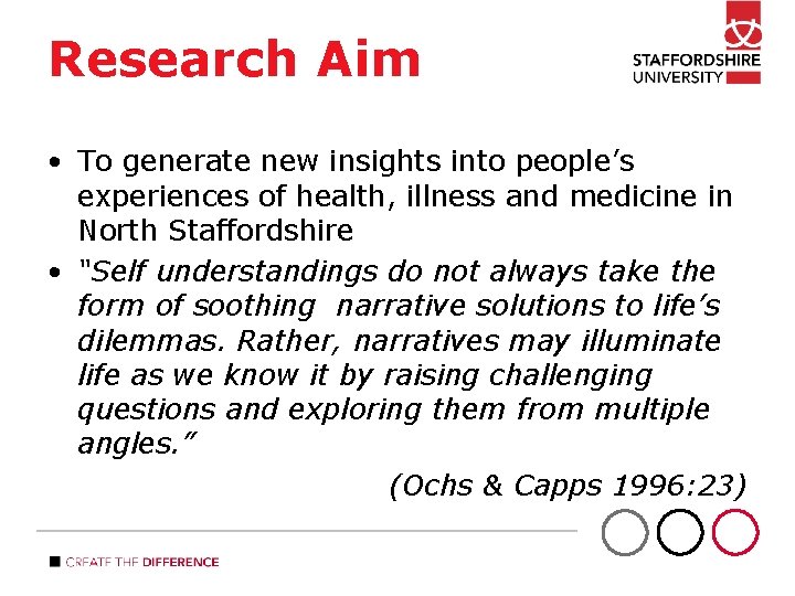 Research Aim • To generate new insights into people’s experiences of health, illness and