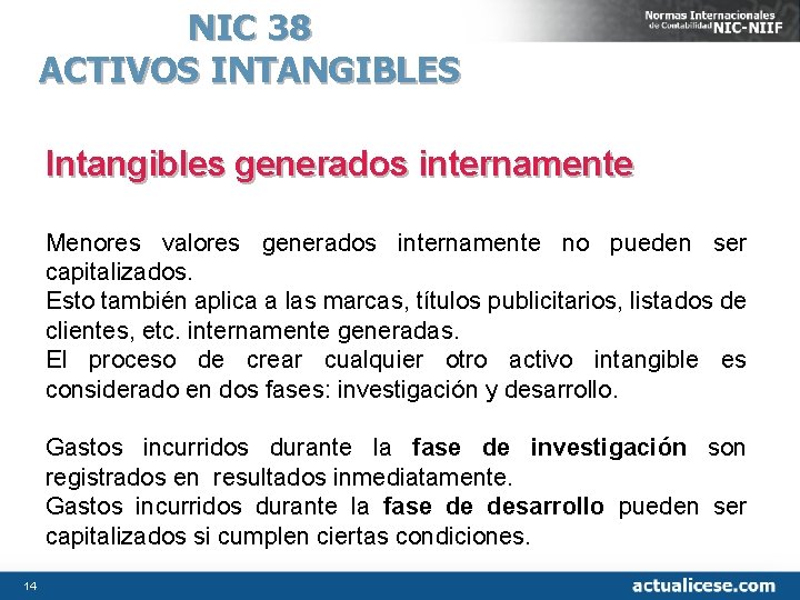 NIC 38 ACTIVOS INTANGIBLES Intangibles generados internamente Menores valores generados internamente no pueden ser