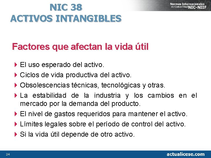 NIC 38 ACTIVOS INTANGIBLES Factores que afectan la vida útil 4 El uso esperado