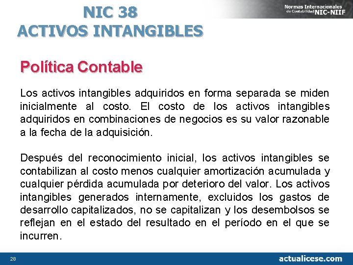 NIC 38 ACTIVOS INTANGIBLES Política Contable Los activos intangibles adquiridos en forma separada se