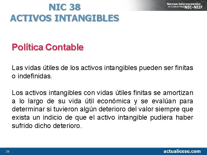 NIC 38 ACTIVOS INTANGIBLES Política Contable Las vidas útiles de los activos intangibles pueden