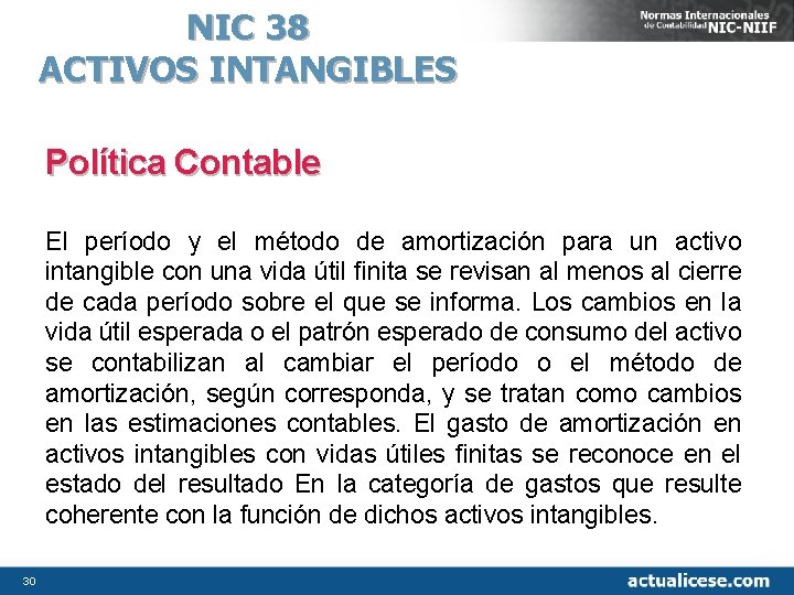 NIC 38 ACTIVOS INTANGIBLES Política Contable El período y el método de amortización para