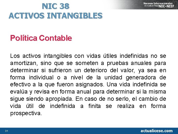 NIC 38 ACTIVOS INTANGIBLES Política Contable Los activos intangibles con vidas útiles indefinidas no