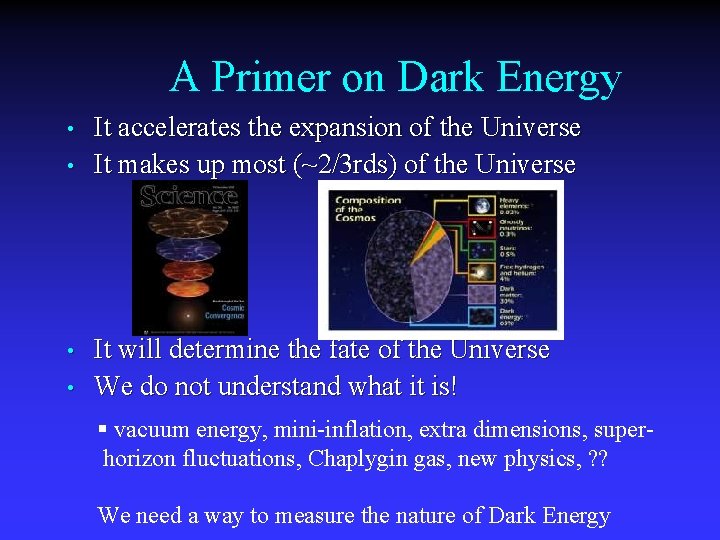 A Primer on Dark Energy • • It accelerates the expansion of the Universe