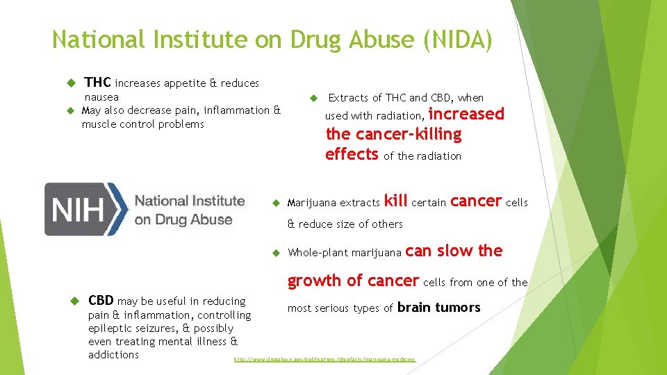 National Institute on Drug Abuse (NIDA) THC increases appetite & reduces nausea May also