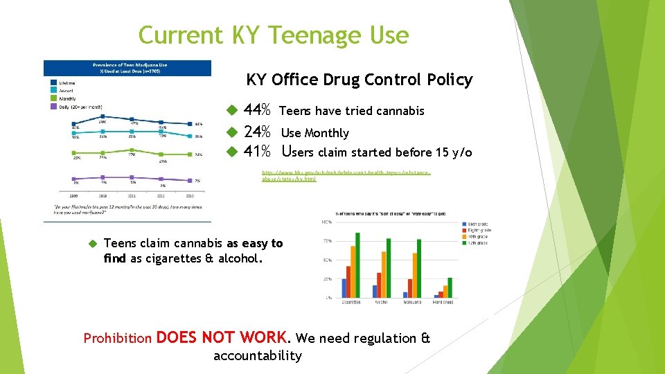 Current KY Teenage Use KY Office Drug Control Policy 44% Teens have tried cannabis