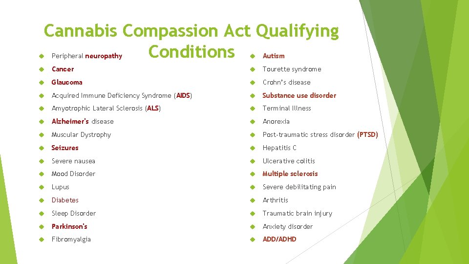 Cannabis Compassion Act Qualifying Conditions Peripheral neuropathy Autism Cancer Tourette syndrome Glaucoma Crohn’s disease