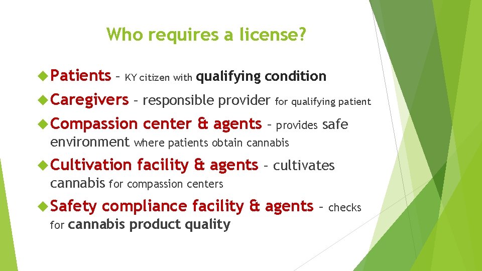 Who requires a license? Patients – KY citizen with qualifying condition Caregivers – responsible