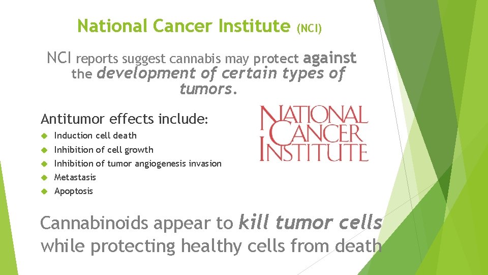 National Cancer Institute (NCI) NCI reports suggest cannabis may protect against the development of