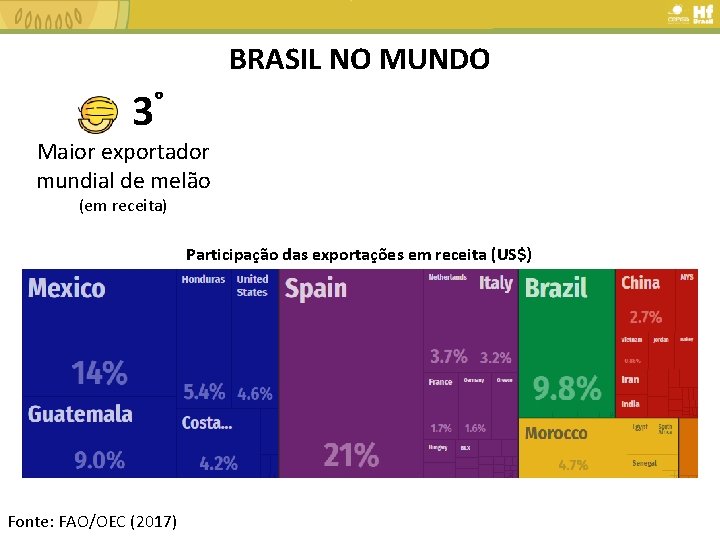 BRASIL NO MUNDO ° 3 Maior exportador mundial de melão (em receita) Participação das