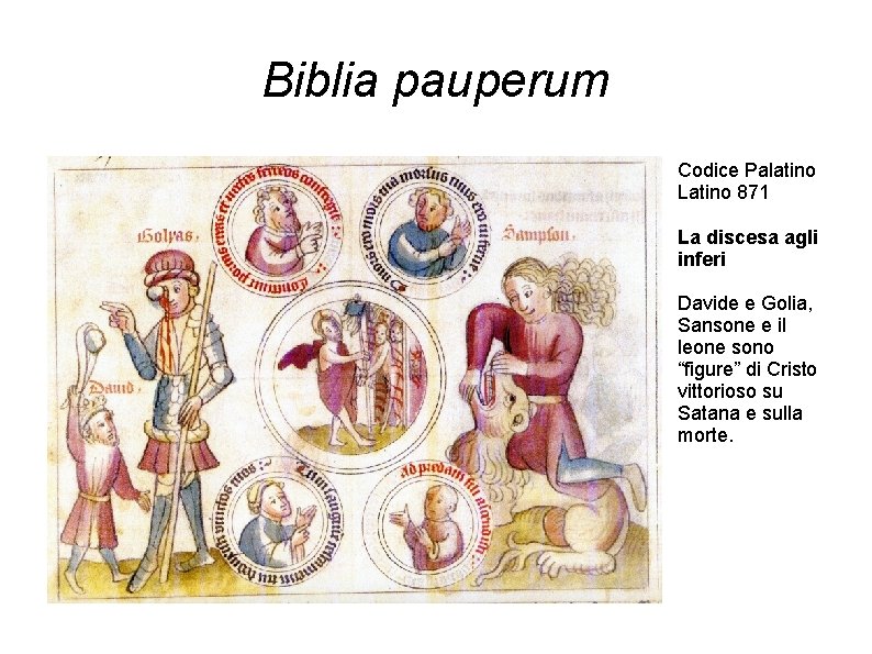 Biblia pauperum Codice Palatino Latino 871 La discesa agli inferi Davide e Golia, Sansone