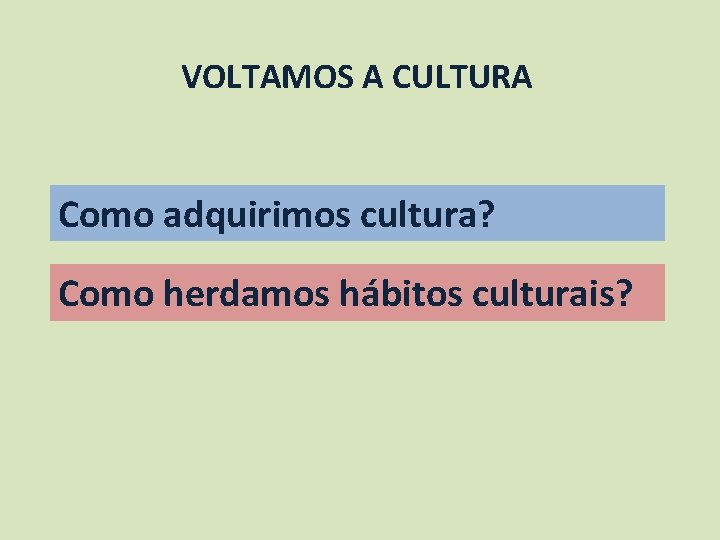 VOLTAMOS A CULTURA Como adquirimos cultura? Como herdamos hábitos culturais? 