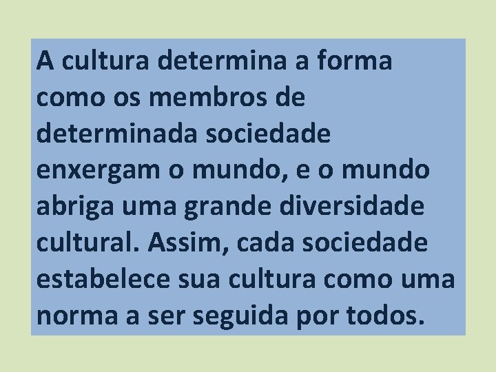 A cultura determina a forma como os membros de determinada sociedade enxergam o mundo,
