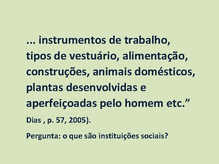. . . instrumentos de trabalho, tipos de vestuário, alimentação, construções, animais domésticos, plantas