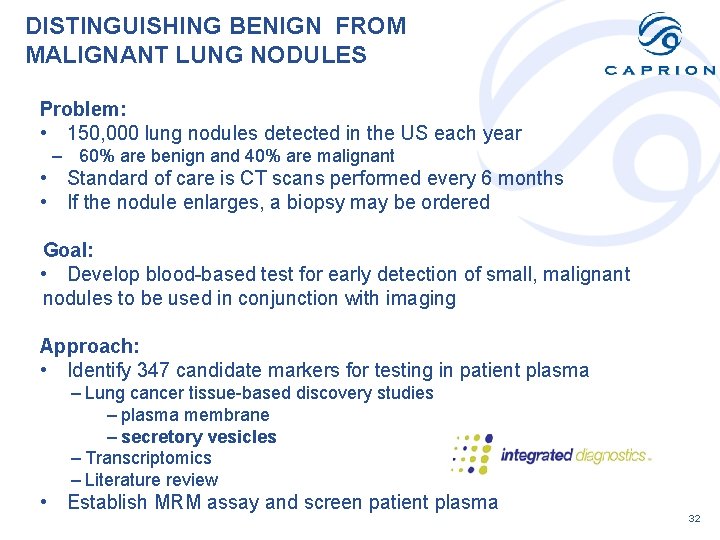 DISTINGUISHING BENIGN FROM MALIGNANT LUNG NODULES Problem: • 150, 000 lung nodules detected in