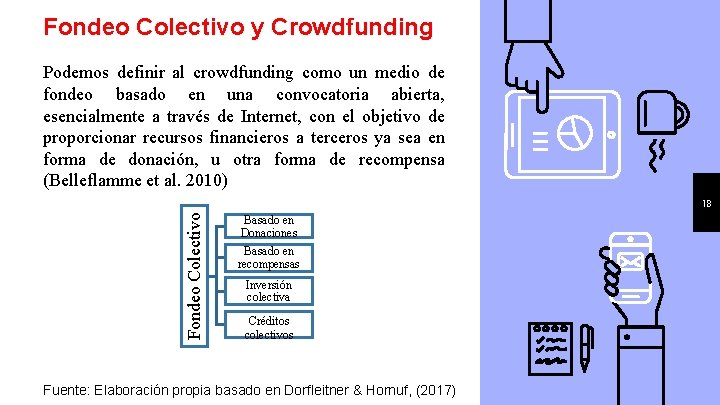 Fondeo Colectivo y Crowdfunding Podemos definir al crowdfunding como un medio de fondeo basado