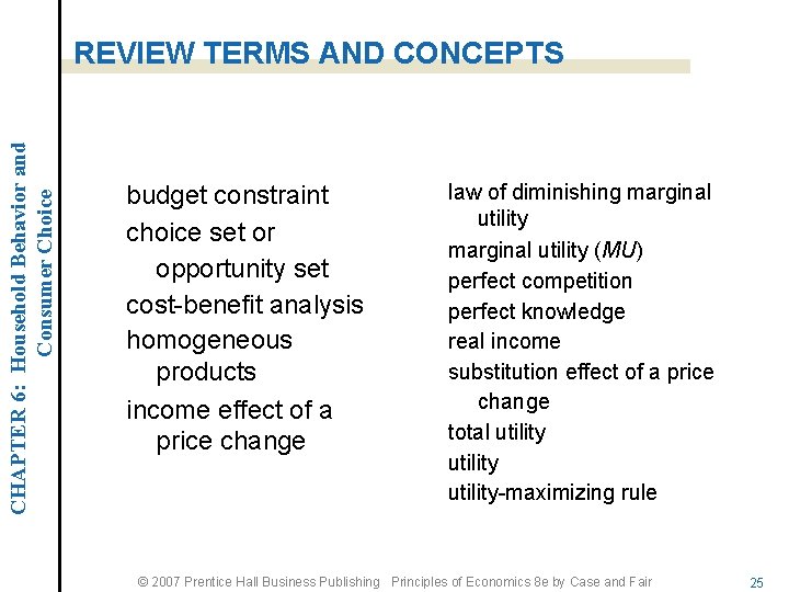 CHAPTER 6: Household Behavior and Consumer Choice REVIEW TERMS AND CONCEPTS budget constraint choice