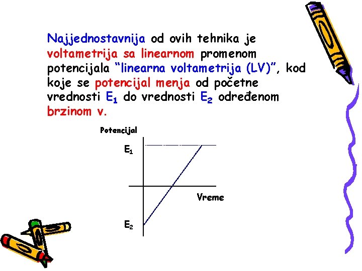Najjednostavnija od ovih tehnika je voltametrija sa linearnom promenom potencijala “linearna voltametrija (LV)”, kod