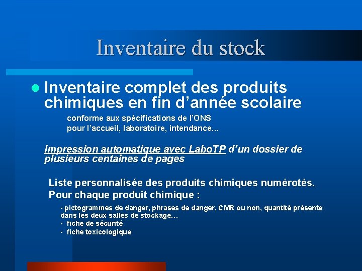 Inventaire du stock l Inventaire complet des produits chimiques en fin d’année scolaire conforme Inventaire du stock l Inventaire complet des produits chimiques en fin d’année scolaire conforme