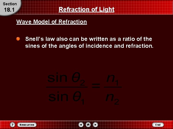 Section 18. 1 Refraction of Light Wave Model of Refraction Snell’s law also can