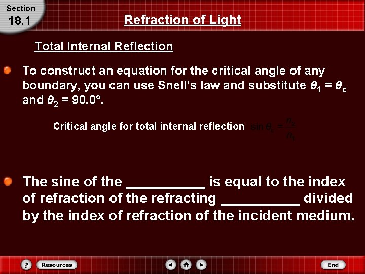 Section 18. 1 Refraction of Light Total Internal Reflection To construct an equation for