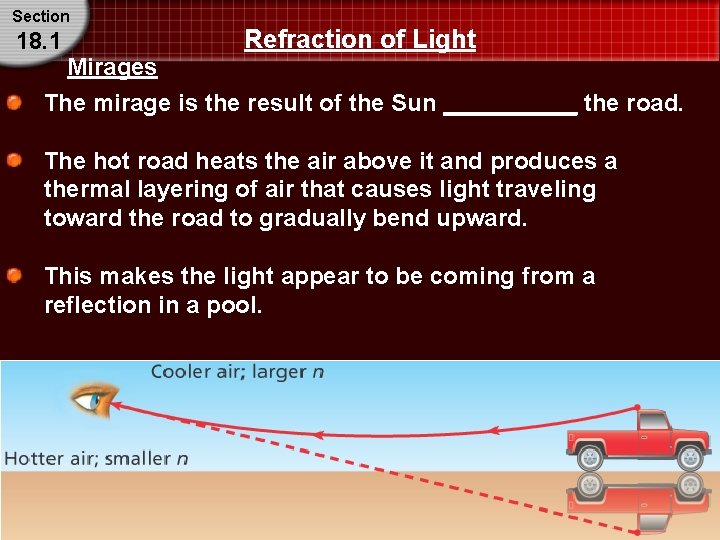 Section 18. 1 Refraction of Light Mirages The mirage is the result of the