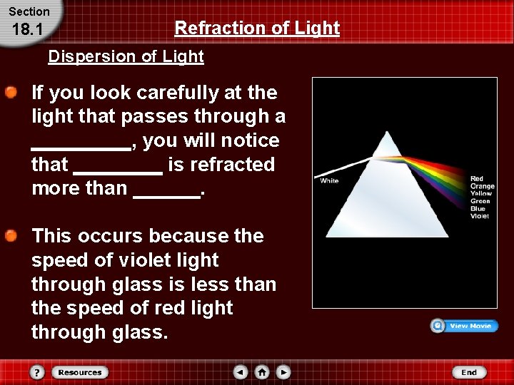 Section 18. 1 Refraction of Light Dispersion of Light If you look carefully at