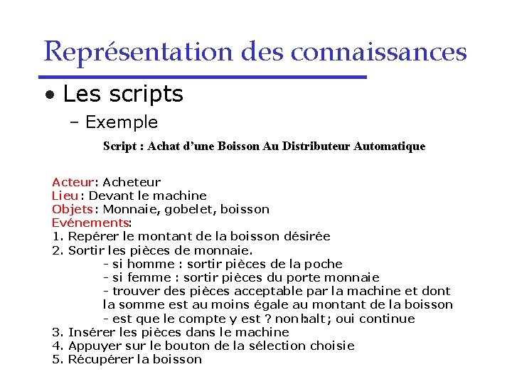 Représentation des connaissances • Les scripts – Exemple Script : Achat d’une Boisson Au