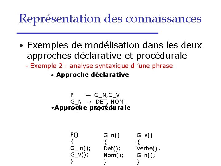 Représentation des connaissances • Exemples de modélisation dans les deux approches déclarative et procédurale